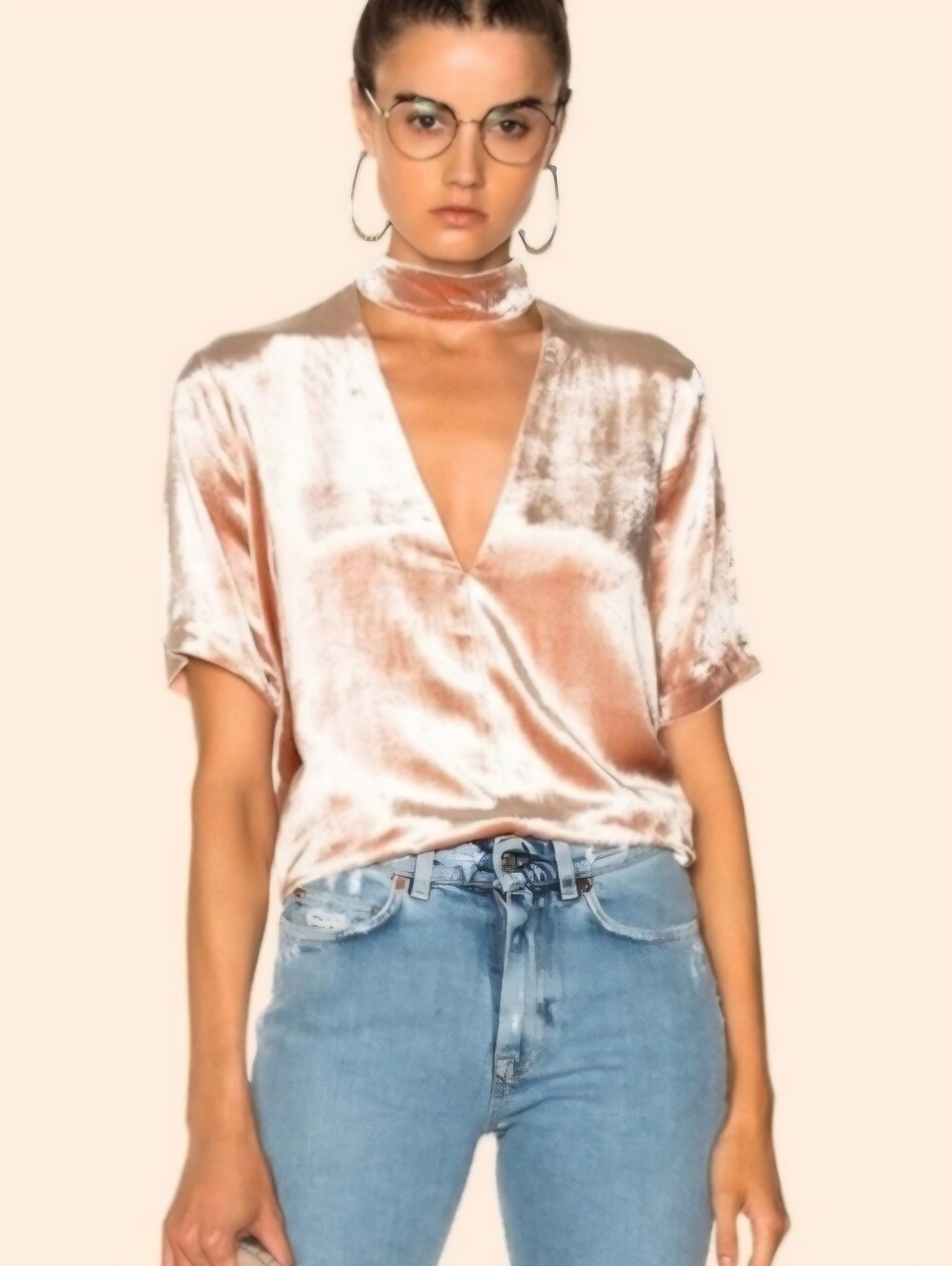 A.L.C. Blush Pink Blaise Velvet Choker Collar Keyhole Back Short Sleeve Blouse 2